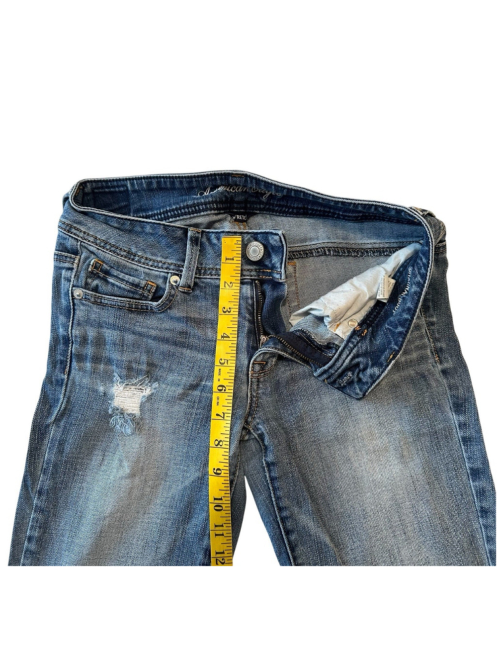 American Eagle Bootcut Jeans Low Rise Women 4 Blue Stretch Distressed Destructed - Picture 11 of 16
